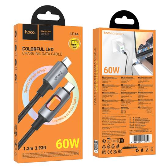 HOCO U144 Fast Charge Data Cable in Nylon 60W Type-C to Type-C (L=1.2M) - Black