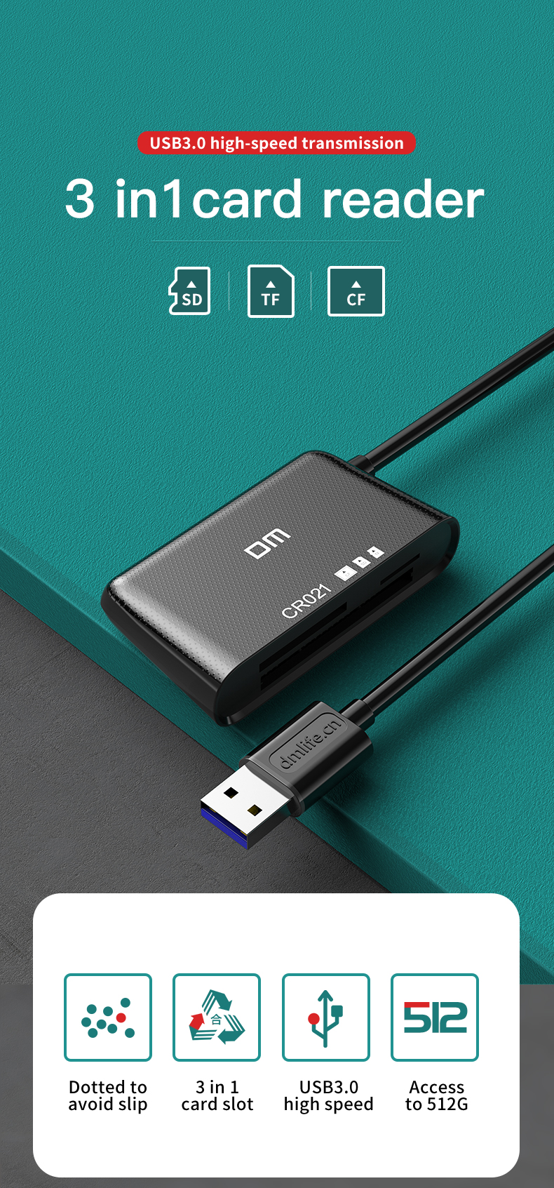 CR021 External 3-in-1 TF CF Card Reader for PC/Laptop